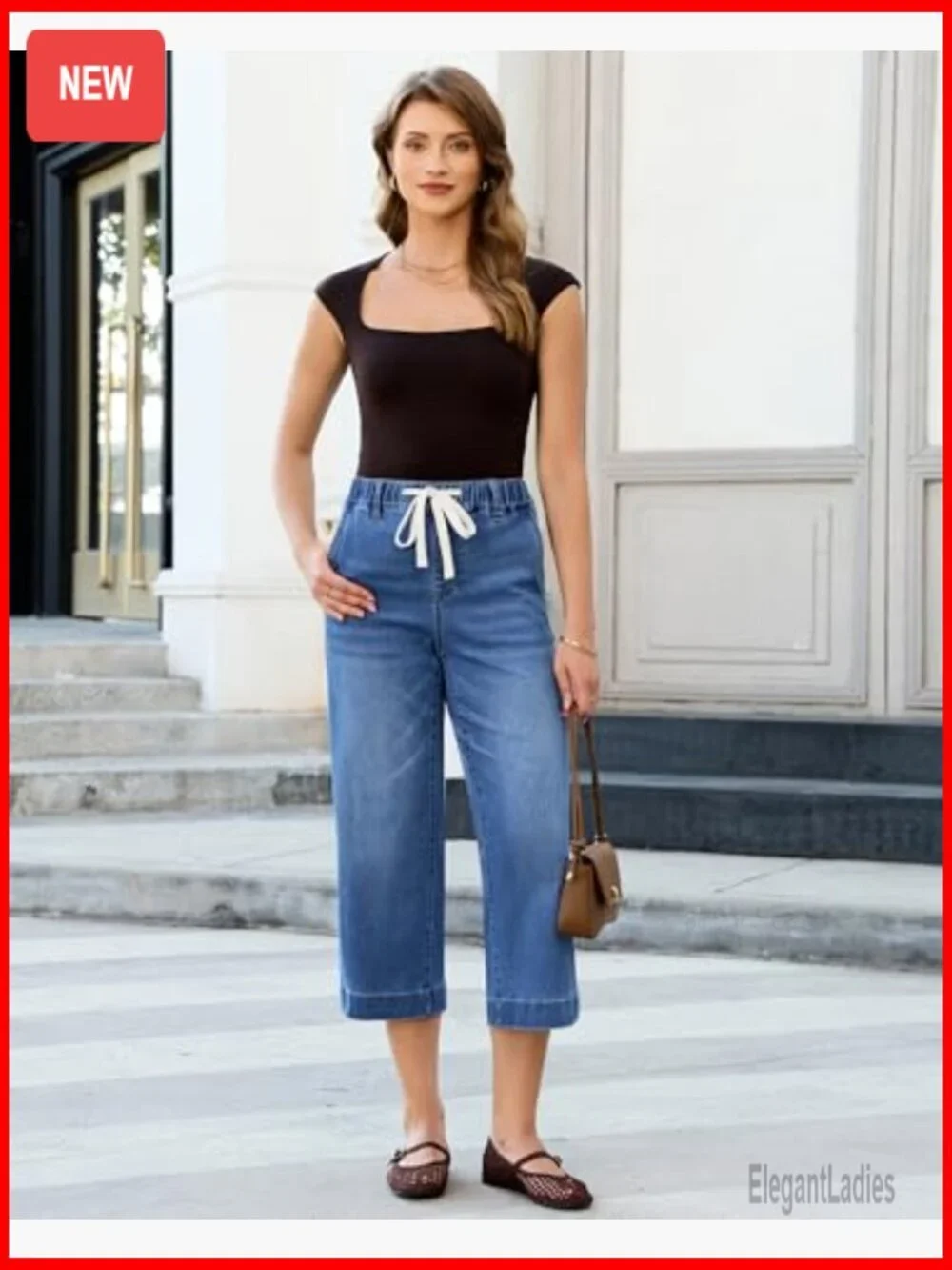 Wide Leg High Waisted Capri Jeans Pull On Elastic Waist Summer Stretch Denim